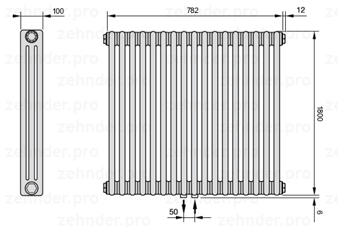 Схема (чертеж) Радиатор Zehnder Charleston 3180/17 №5410 Белый глянцевый RAL 9016